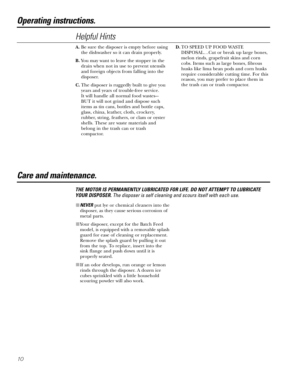 Care and maintenance, Helpful hints, Operating instructions. care and maintenance | GE GFC1020 User Manual | Page 10 / 24