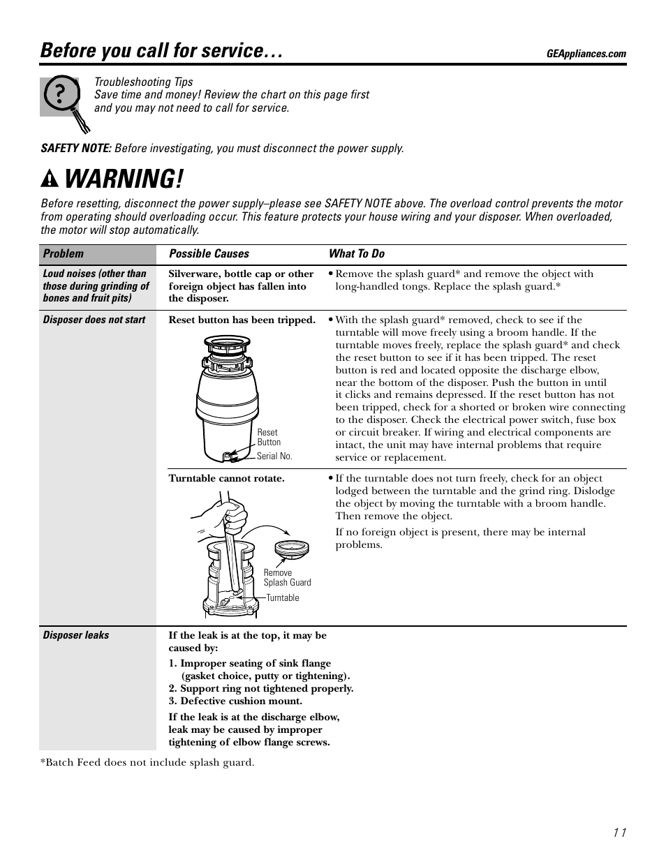 Before you call for service, Warning | GE GFC1020 User Manual | Page 11 / 24