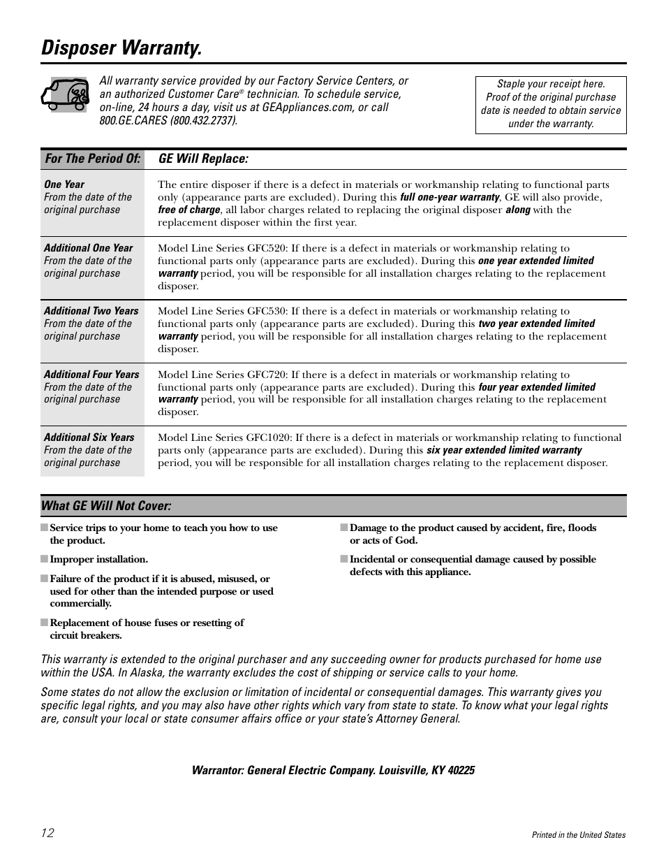 Warranty, Disposer warranty | GE GFC1020 User Manual | Page 12 / 24