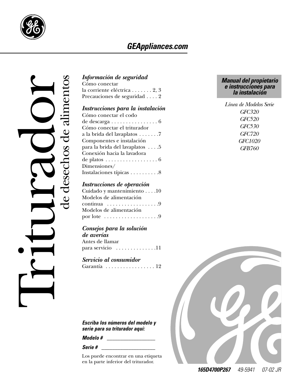 Spanish table of contents, Información de seguridad, Instrucciones para la instalación | Instrucciones de operación, Consejos para la solución de averías, Servicio al consumidor, Tri turador, De desechos de alimentos | GE GFC1020 User Manual | Page 13 / 24