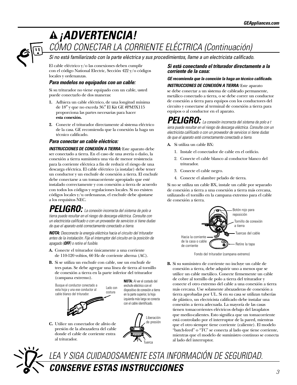 Advertencia, Peligro | GE GFC1020 User Manual | Page 15 / 24