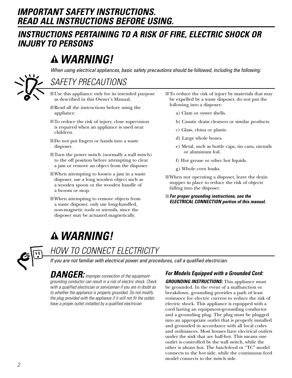 Connecting electricity, Safety precautions, Connecting electricity , 3 safety precautions | Warning, How to connect electricity, Danger | GE GFC1020 User Manual | Page 2 / 24