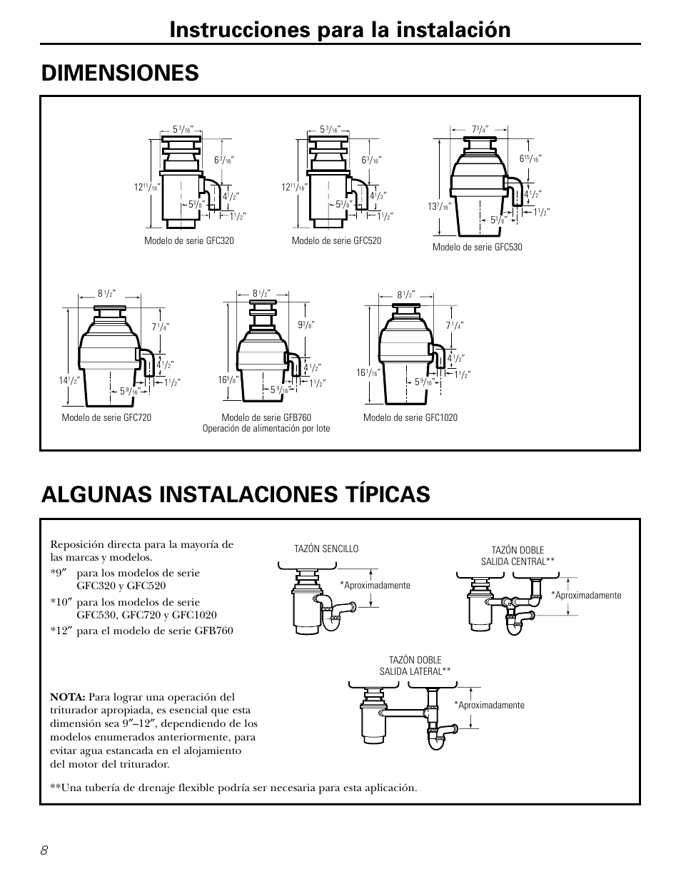 Dimensiones/ instalaciones típicas, Dimensiones | GE GFC1020 User Manual | Page 20 / 24