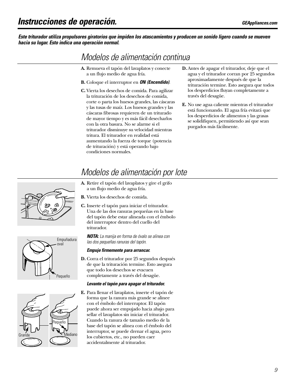 Modelos de alimentación continua, Modelos de alimentación por lote, Instrucciones de operación | GE GFC1020 User Manual | Page 21 / 24
