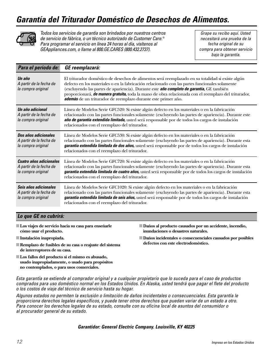 Garantía | GE GFC1020 User Manual | Page 24 / 24