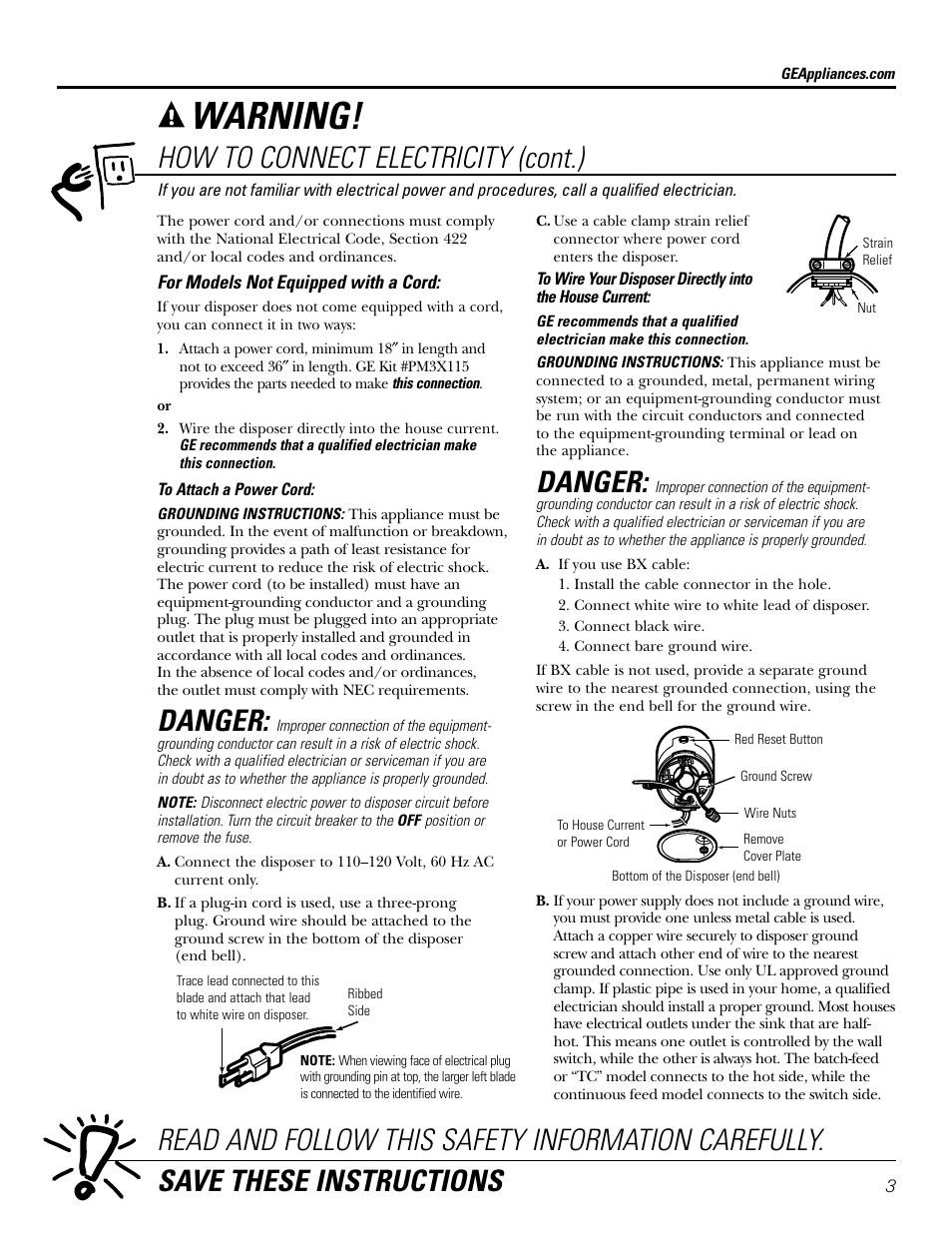 Warning, Danger, How to connect electricity (cont.) | GE GFC1020 User Manual | Page 3 / 24