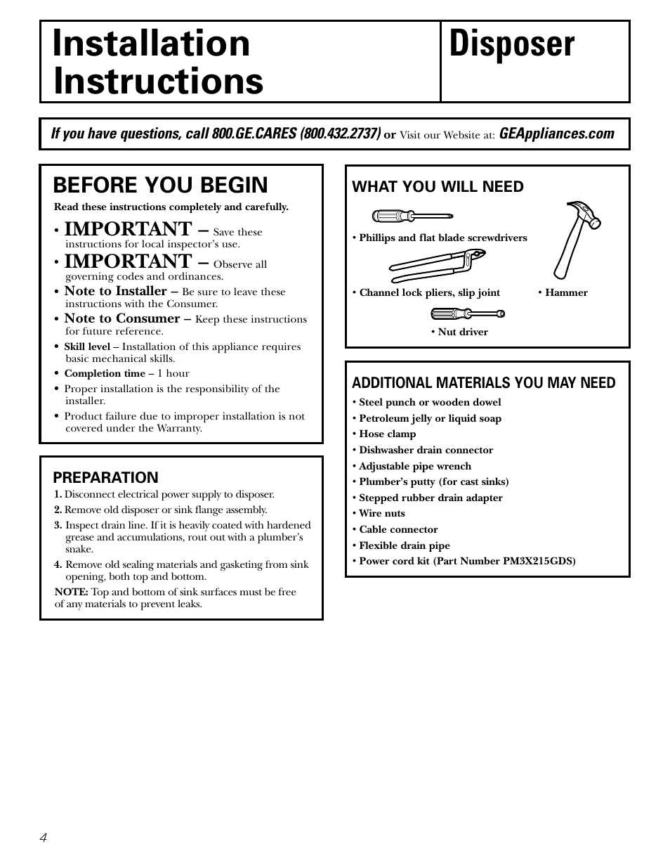 Installation disposer instructions, Before you begin, Important | GE GFC1020 User Manual | Page 4 / 24