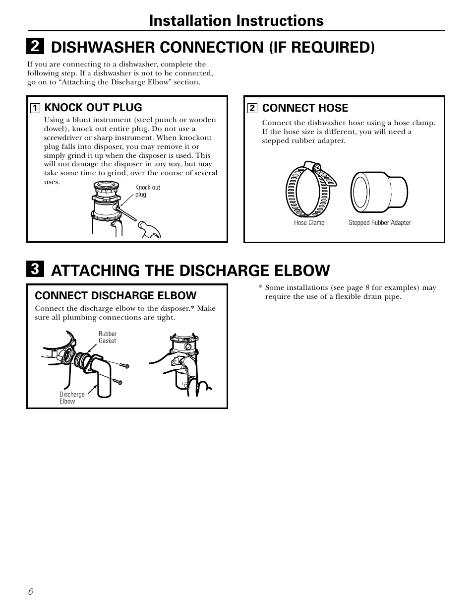 Attaching the discharge elbow, Dishwasher connection, Installation instructions | Dishwasher connection (if required), Attaching the discharge elbow 3 | GE GFC1020 User Manual | Page 6 / 24