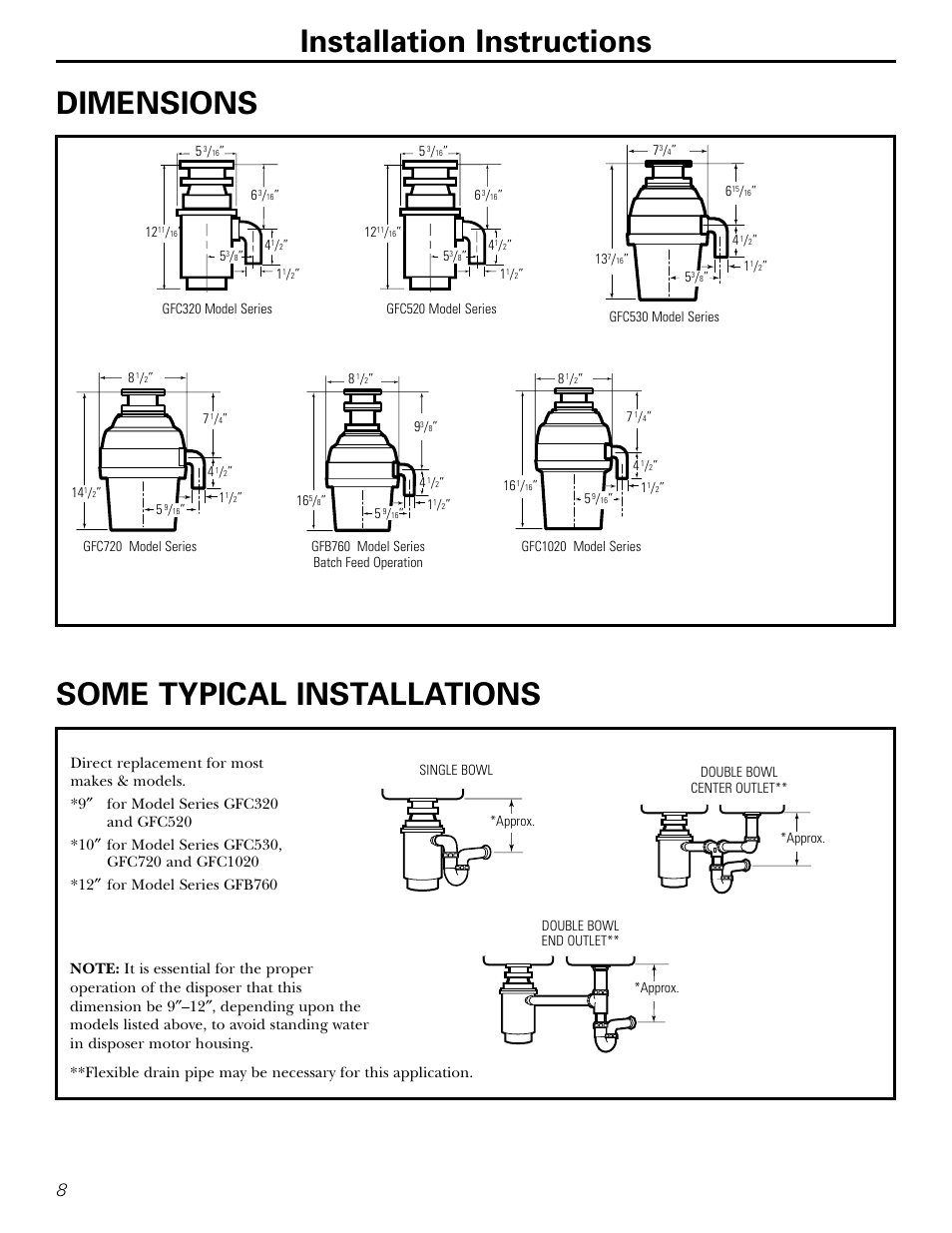 Dimensions/typical installations, Dimensions | GE GFC1020 User Manual | Page 8 / 24