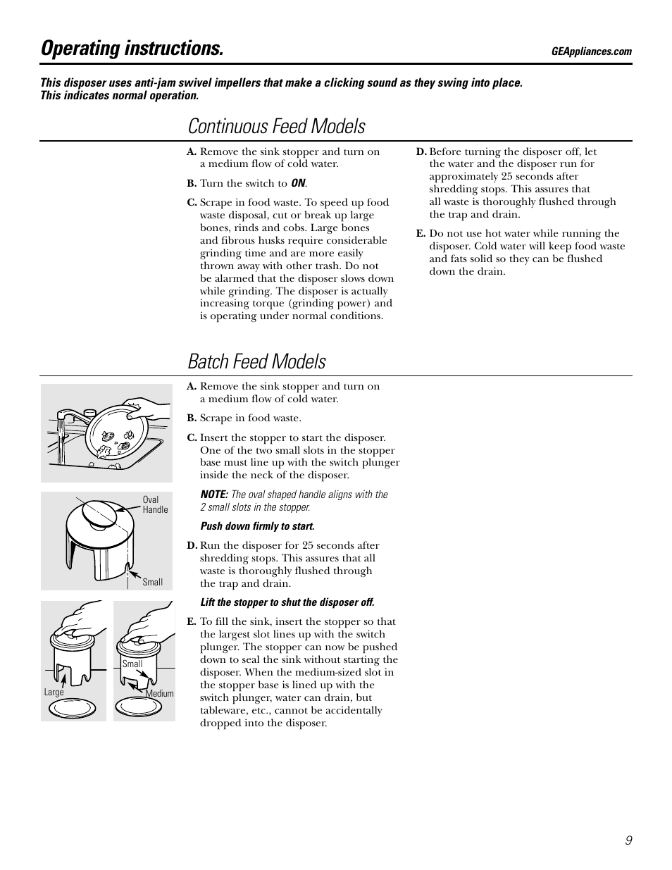 Batch feed models, Continuous feed models, Operating instructions | GE GFC1020 User Manual | Page 9 / 24