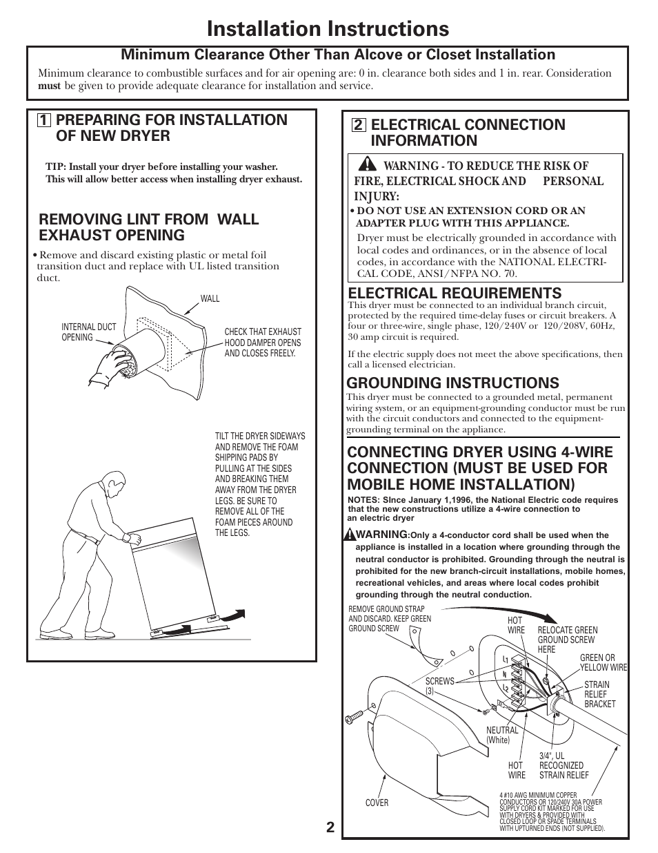 Installation instructions, 2 electrical connection information, Removing lint from wall exhaust opening 2 | Electrical requirements, Grounding instructions | GE DCCD330EGWC User Manual | Page 2 / 8