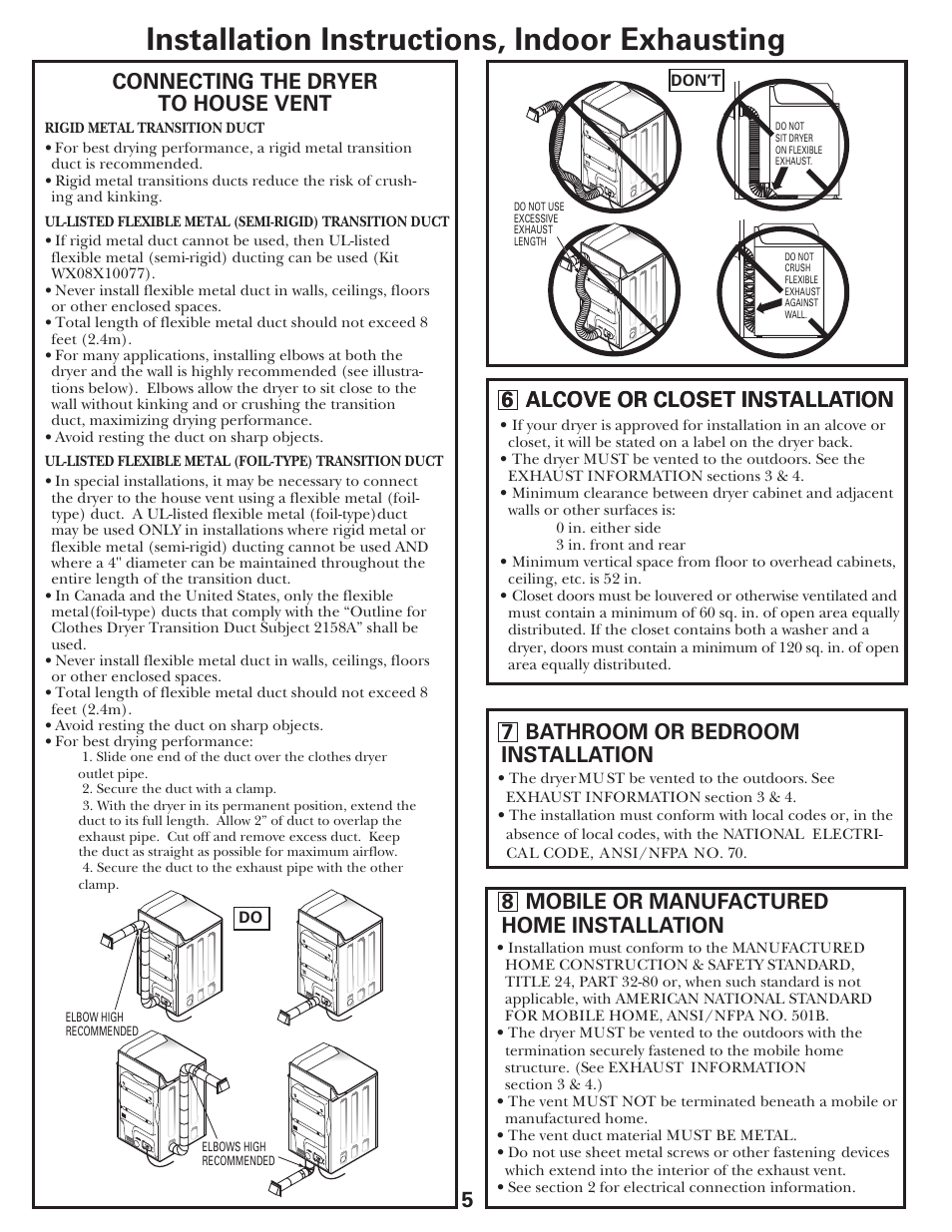 Installation instructions, indoor exhausting, 6 alcove or closet installation, 7 bathroom or bedroom installation | 8 mobile or manufactured home installation, Connecting the dryer to house vent | GE DCCD330EGWC User Manual | Page 5 / 8