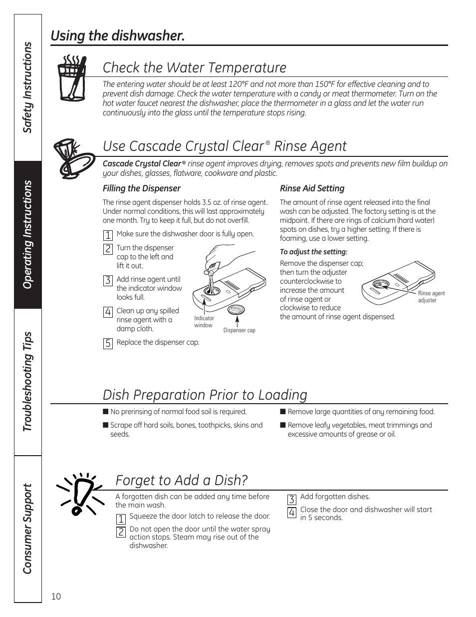 Using the dishwasher, Check the water temperature, Use cascade crystal clear | Rinse agent, Dish preparation prior to loading, Forget to add a dish | GE 165D4700P389 49-55065 07-09 JR User Manual | Page 10 / 48