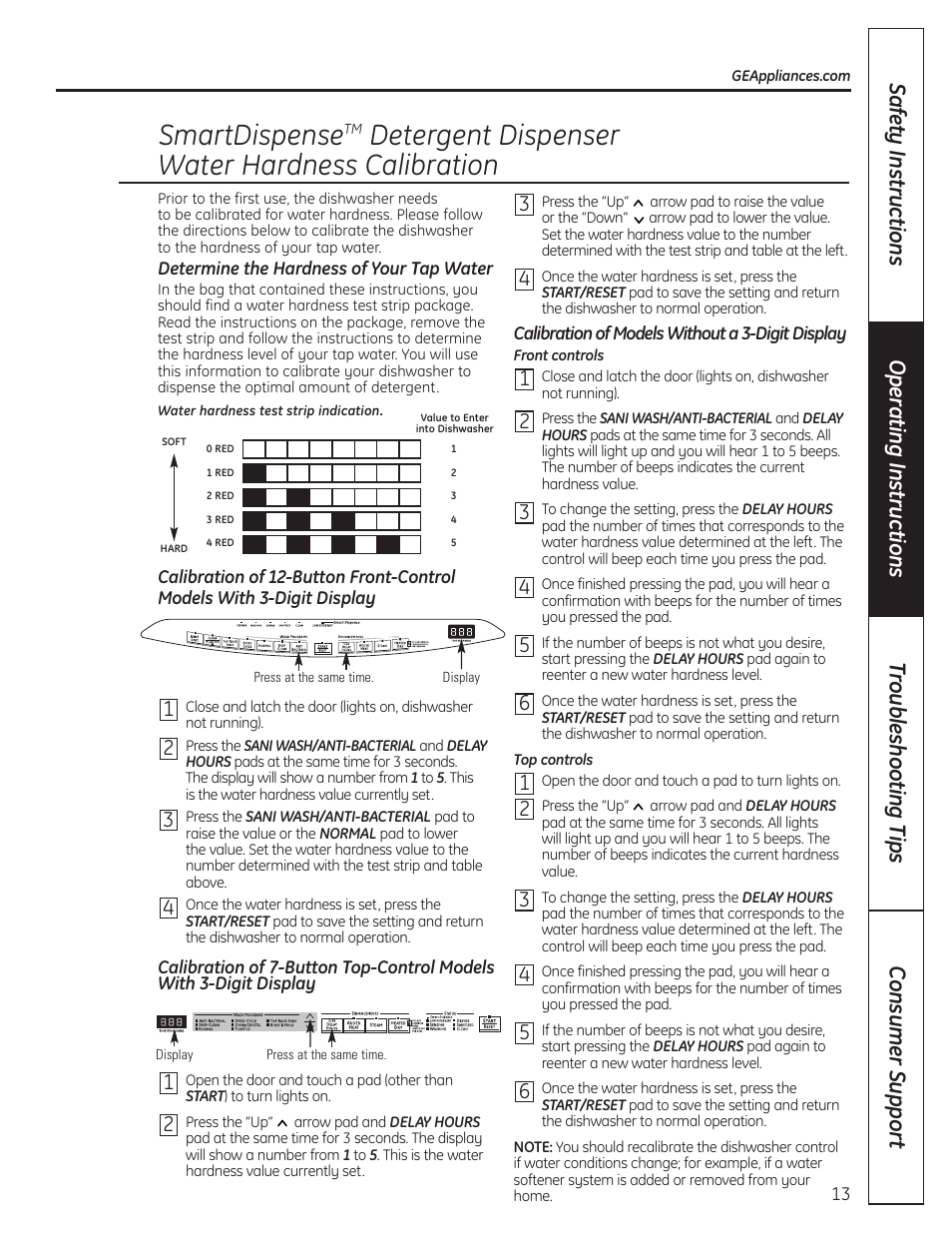 Smartdispense, Detergent dispenser water hardness calibration | GE 165D4700P389 49-55065 07-09 JR User Manual | Page 13 / 48