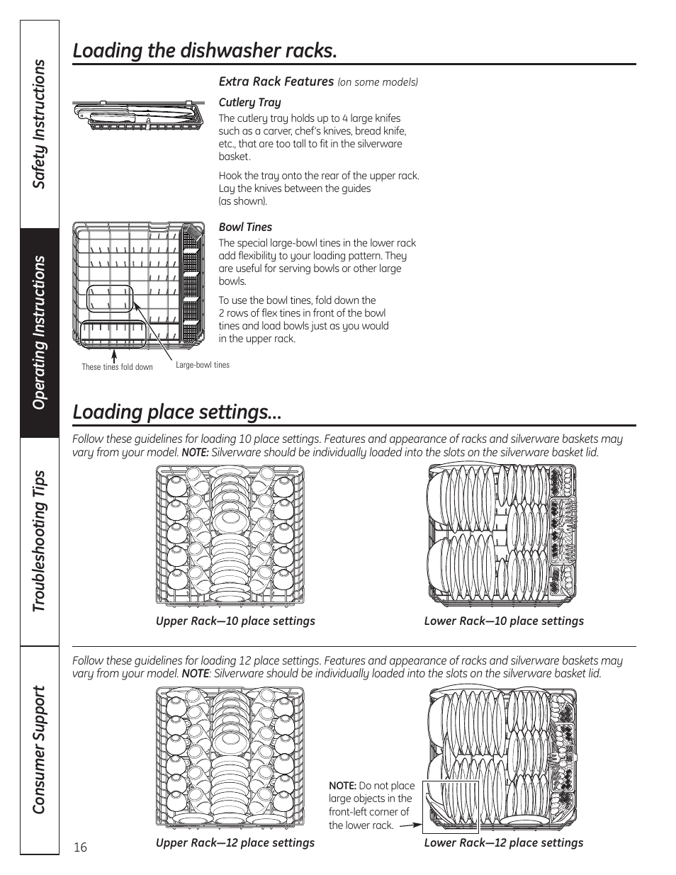 Loading the dishwasher racks, Loading place settings | GE 165D4700P389 49-55065 07-09 JR User Manual | Page 16 / 48