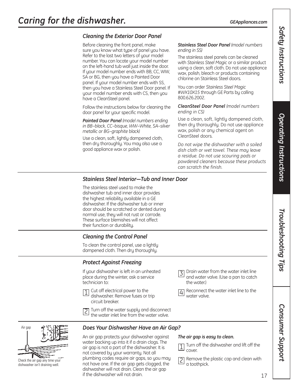 Caring for the dishwasher | GE 165D4700P389 49-55065 07-09 JR User Manual | Page 17 / 48