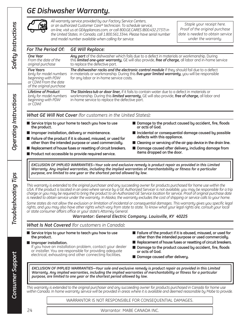 Ge dishwasher warranty, Consumer s uppor t | GE 165D4700P389 49-55065 07-09 JR User Manual | Page 24 / 48