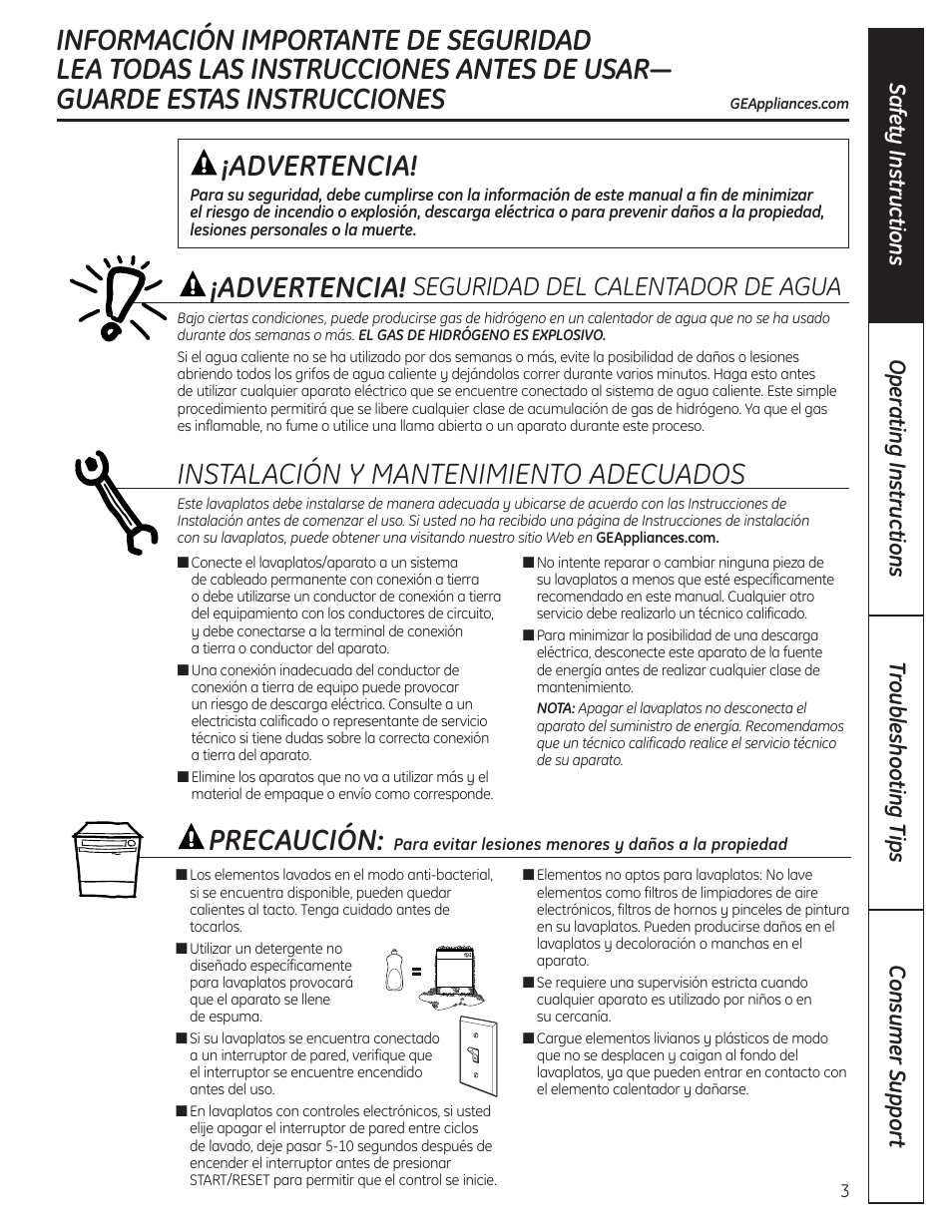 Advertencia, Instalación y mantenimiento adecuados, Precaución | Seguridad del calentador de agua | GE 165D4700P389 49-55065 07-09 JR User Manual | Page 3 / 48
