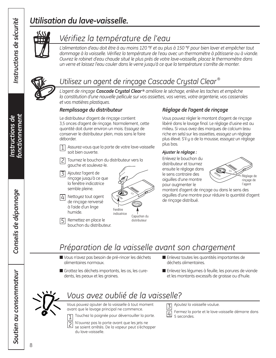 Utilisation du lave-vaisselle, Vérifiez la température de l’eau, Préparation de la vaisselle avant son chargement | Vous avez oublié de la vaisselle, Utilisez un agent de rinçage cascade crystal clear | GE 165D4700P389 49-55065 07-09 JR User Manual | Page 33 / 48