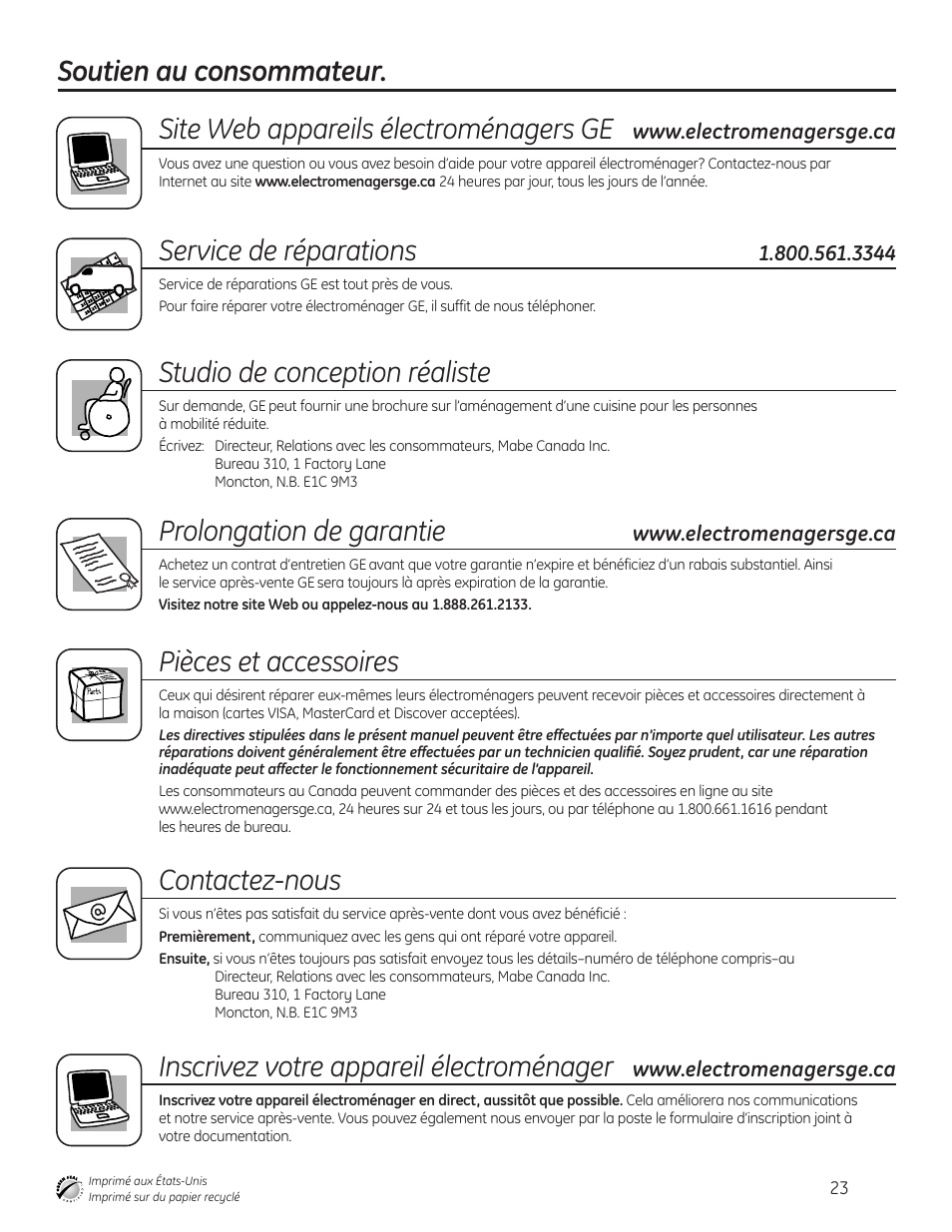 Service de réparations, Studio de conception réaliste, Prolongation de garantie | Pièces et accessoires, Contactez-nous, Inscrivez votre appareil électroménager | GE 165D4700P389 49-55065 07-09 JR User Manual | Page 48 / 48