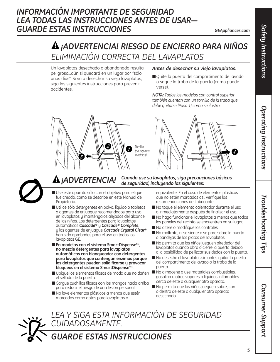 Eliminación correcta del lavaplatos, Advertencia | GE 165D4700P389 49-55065 07-09 JR User Manual | Page 5 / 48