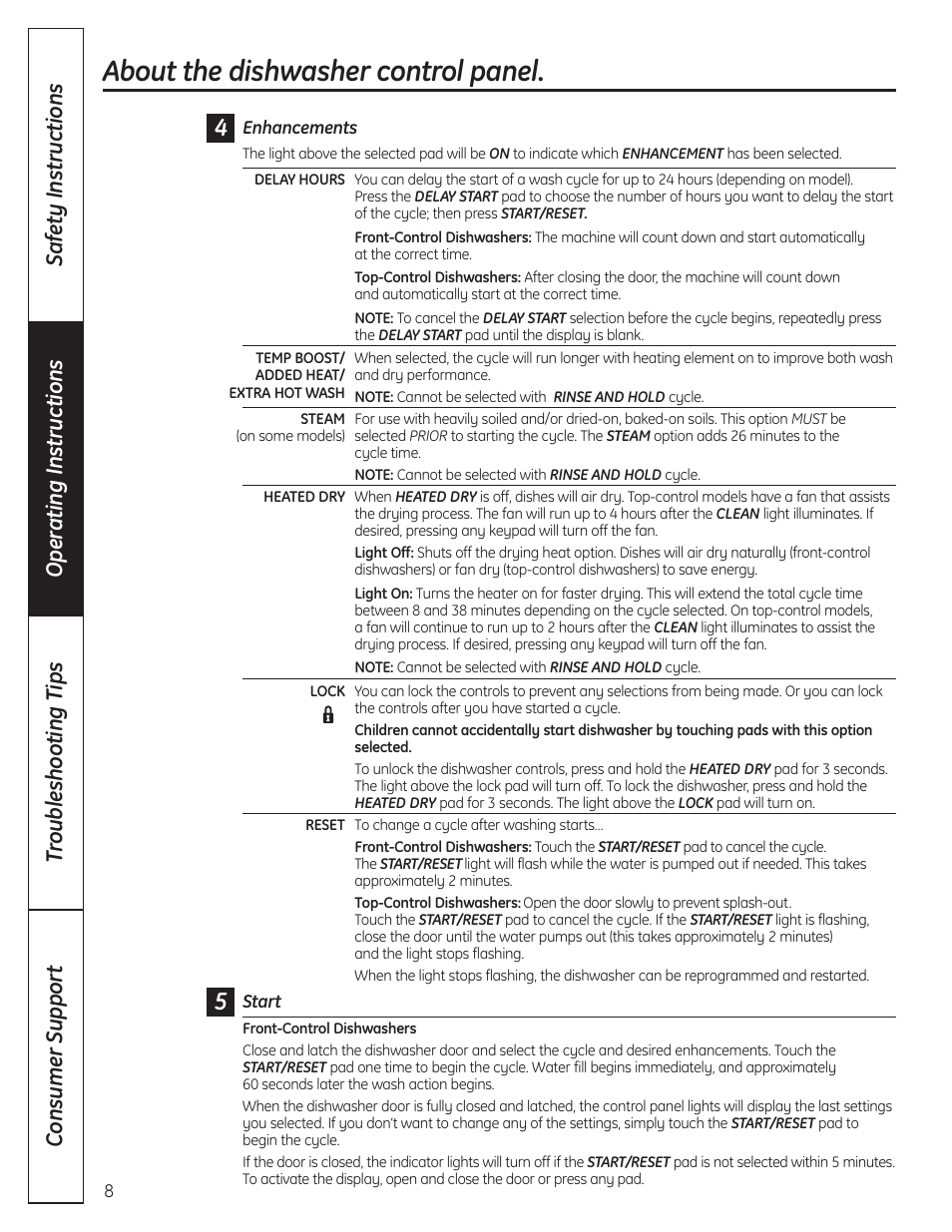 About the dishwasher control panel | GE 165D4700P389 49-55065 07-09 JR User Manual | Page 8 / 48