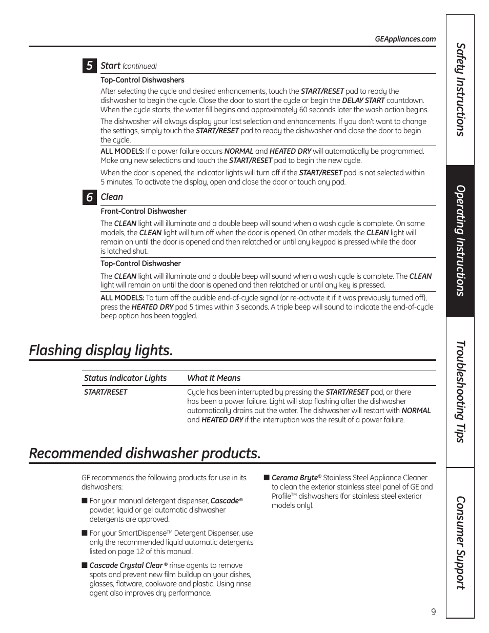 Flashing display lights, Recommended dishwasher products | GE 165D4700P389 49-55065 07-09 JR User Manual | Page 9 / 48