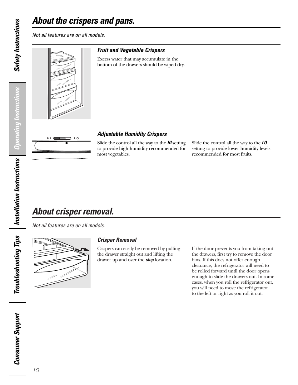 Crispers and pans, About crisper removal, About the crispers and pans | GE 25 and 27 User Manual | Page 10 / 108