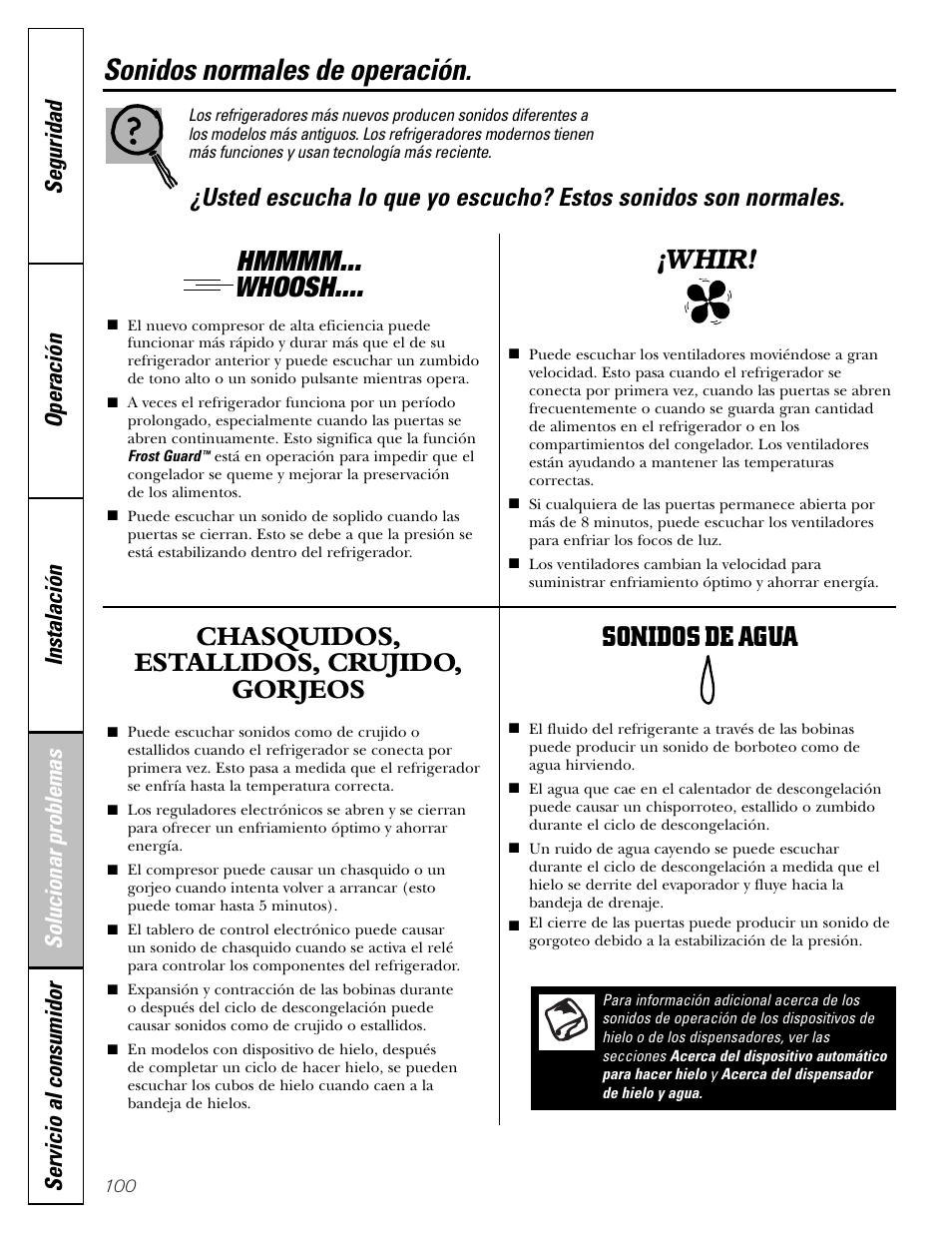 Solucionar problemas, Sonidos normales de la operación, Sonidos normales de operación | Chasquidos, estallidos, crujido, gorjeos, Sonidos de agua, Whir | GE 25 and 27 User Manual | Page 100 / 108