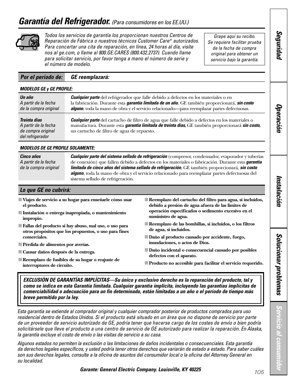 Garantía para consumidores en los estados unidos, Garantía del refrigerador | GE 25 and 27 User Manual | Page 105 / 108