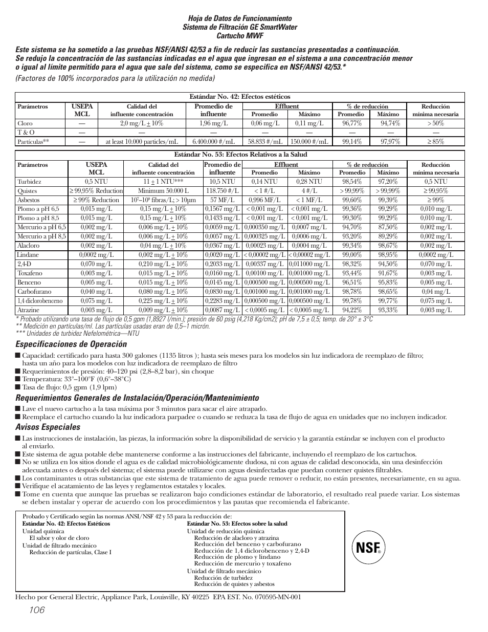 Hoja de datos de funcionamiento | GE 25 and 27 User Manual | Page 106 / 108