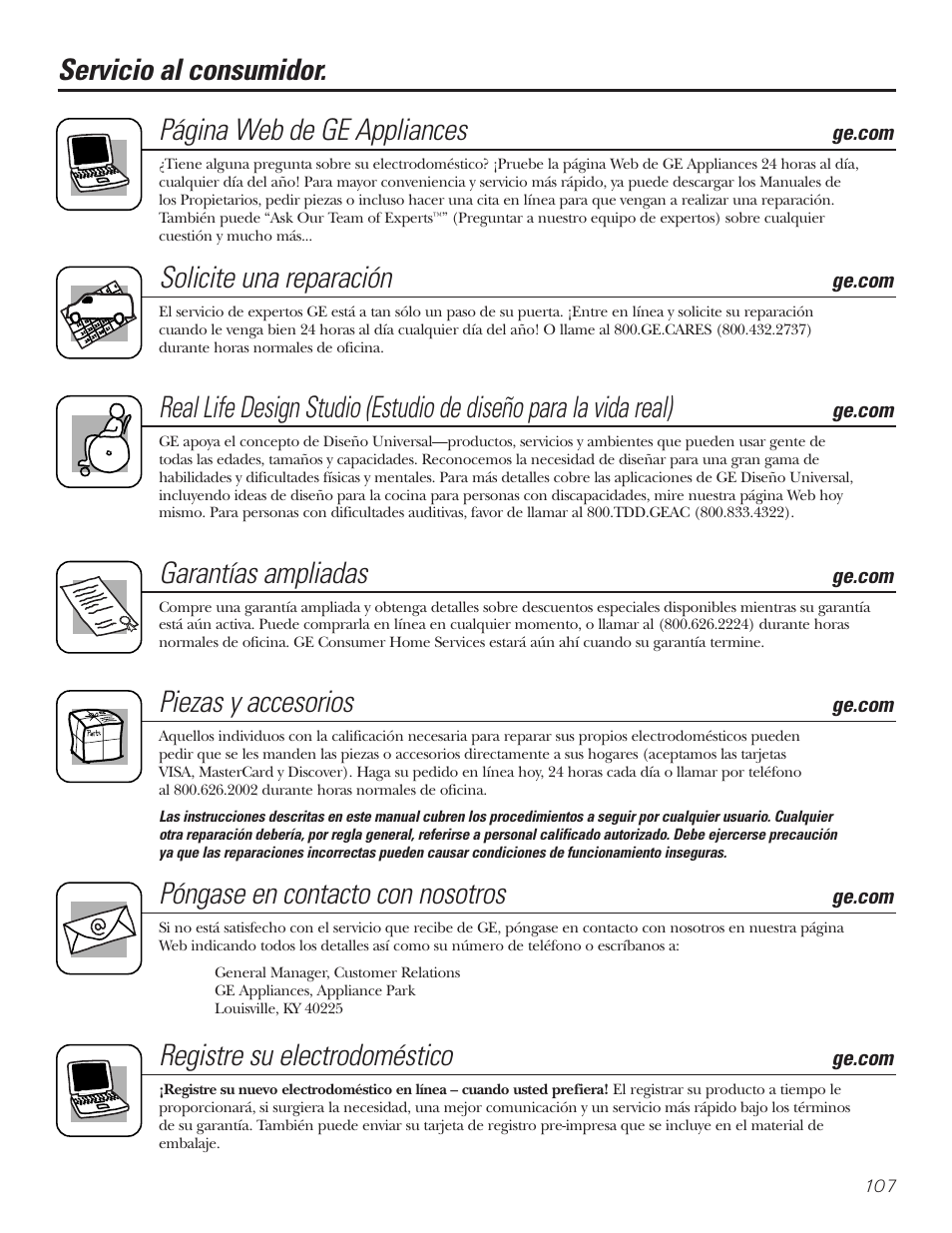 Servicio al consumidor, Solicite una reparación, Garantías ampliadas | Piezas y accesorios, Póngase en contacto con nosotros, Registre su electrodoméstico | GE 25 and 27 User Manual | Page 107 / 108