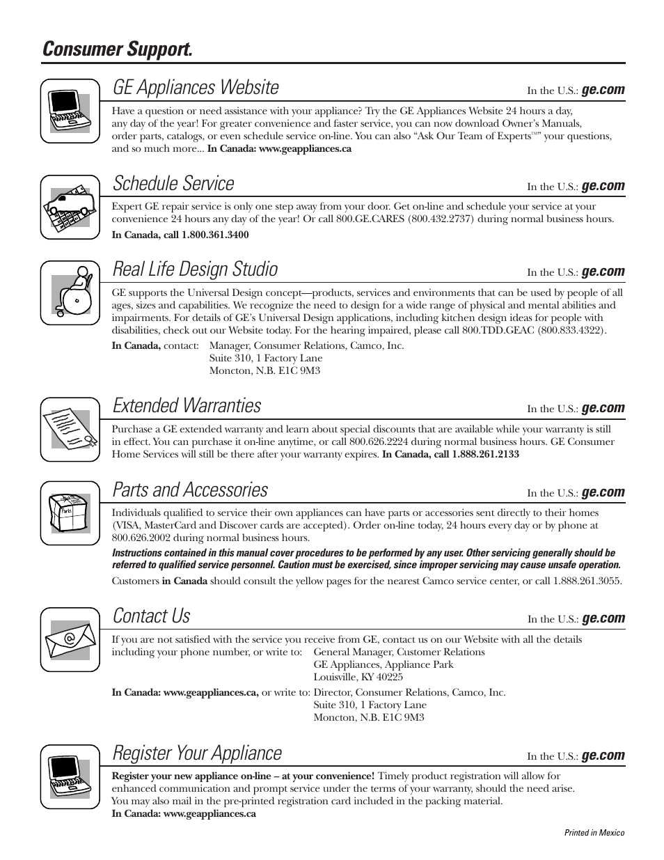 Consumer support, Consumer support . . . . . . . . .back cover, Consumer support. ge appliances website | Schedule service, Real life design studio, Extended warranties, Parts and accessories, Contact us, Register your appliance | GE 25 and 27 User Manual | Page 108 / 108