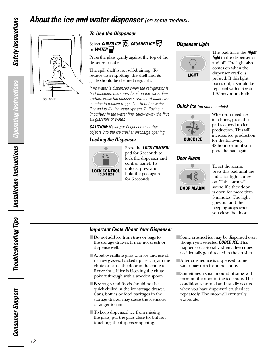 Ice and water dispenser, Ice and water dispenser , 13, About the ice and water dispenser | GE 25 and 27 User Manual | Page 12 / 108