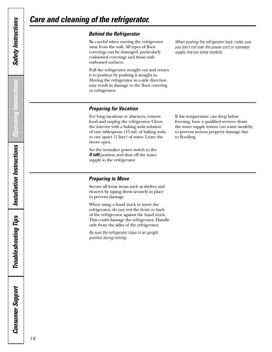Care and cleaning of the refrigerator | GE 25 and 27 User Manual | Page 14 / 108