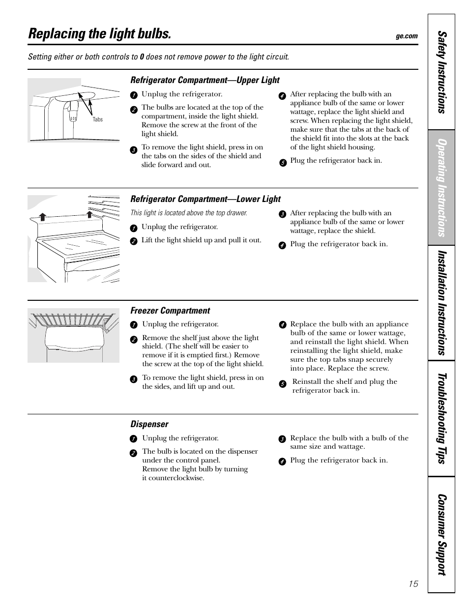 Replacing the light bulbs | GE 25 and 27 User Manual | Page 15 / 108