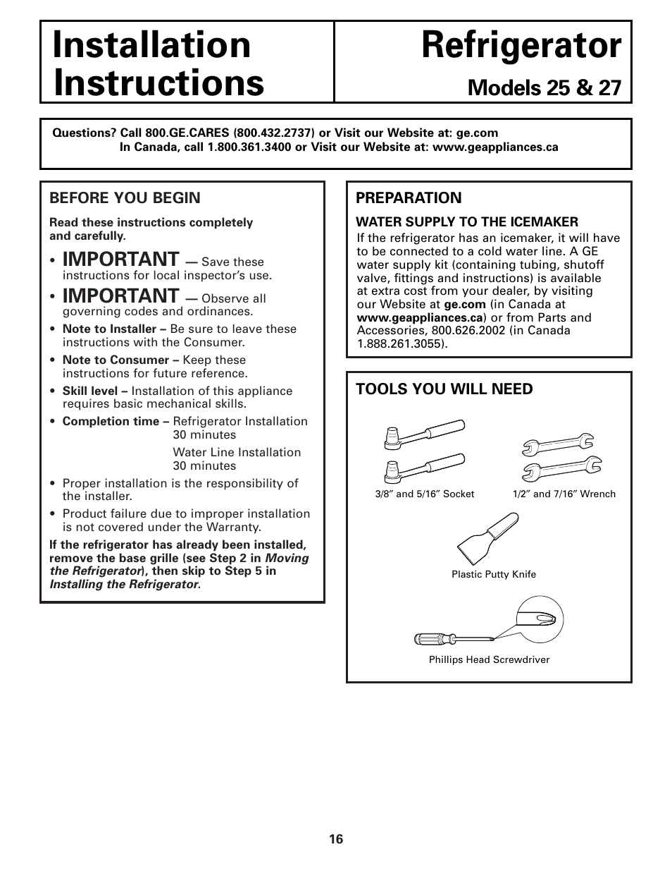 Preparing to install the refrigerator, Installation refrigerator instructions, Models 25 & 27 | Important | GE 25 and 27 User Manual | Page 16 / 108