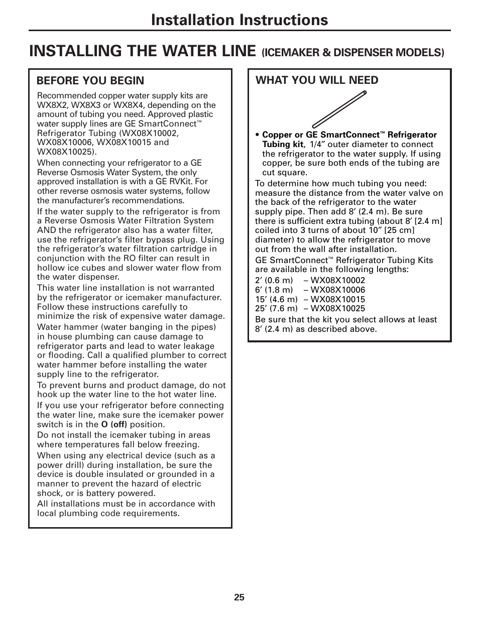 Water line installation, Water line installation –27, Installing the water line | Installation instructions | GE 25 and 27 User Manual | Page 25 / 108