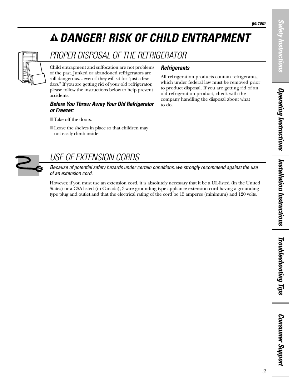 Danger! risk of child entrapment, Proper disposal of the refrigerator, Use of extension cords | GE 25 and 27 User Manual | Page 3 / 108