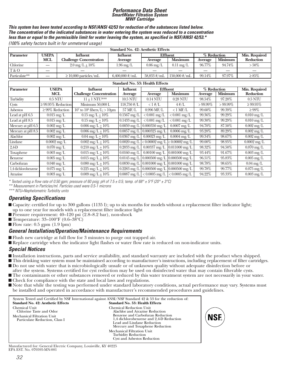 Performance data sheet, Operating specifications, Special notices | GE 25 and 27 User Manual | Page 32 / 108