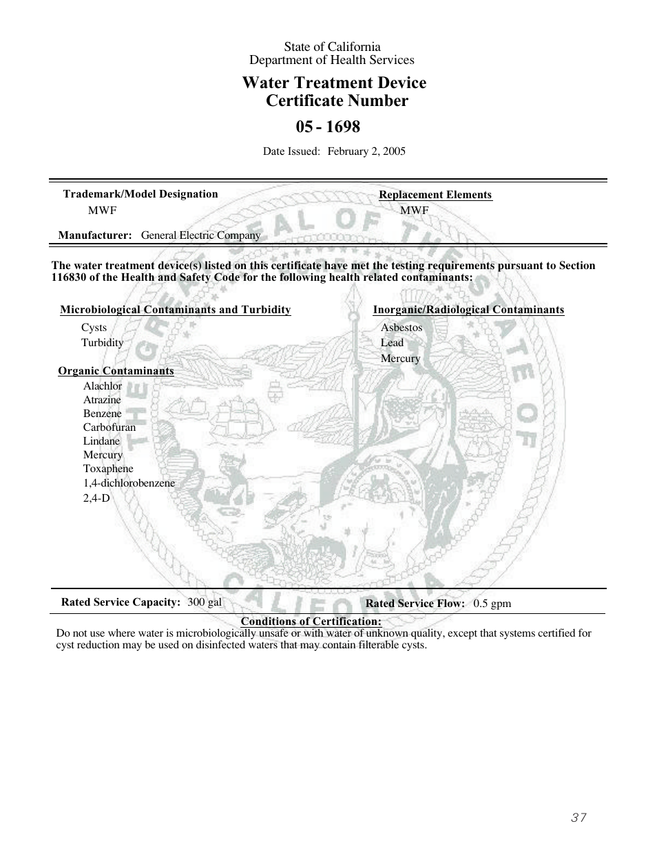 Water treatment device certificate number | GE 25 and 27 User Manual | Page 37 / 108