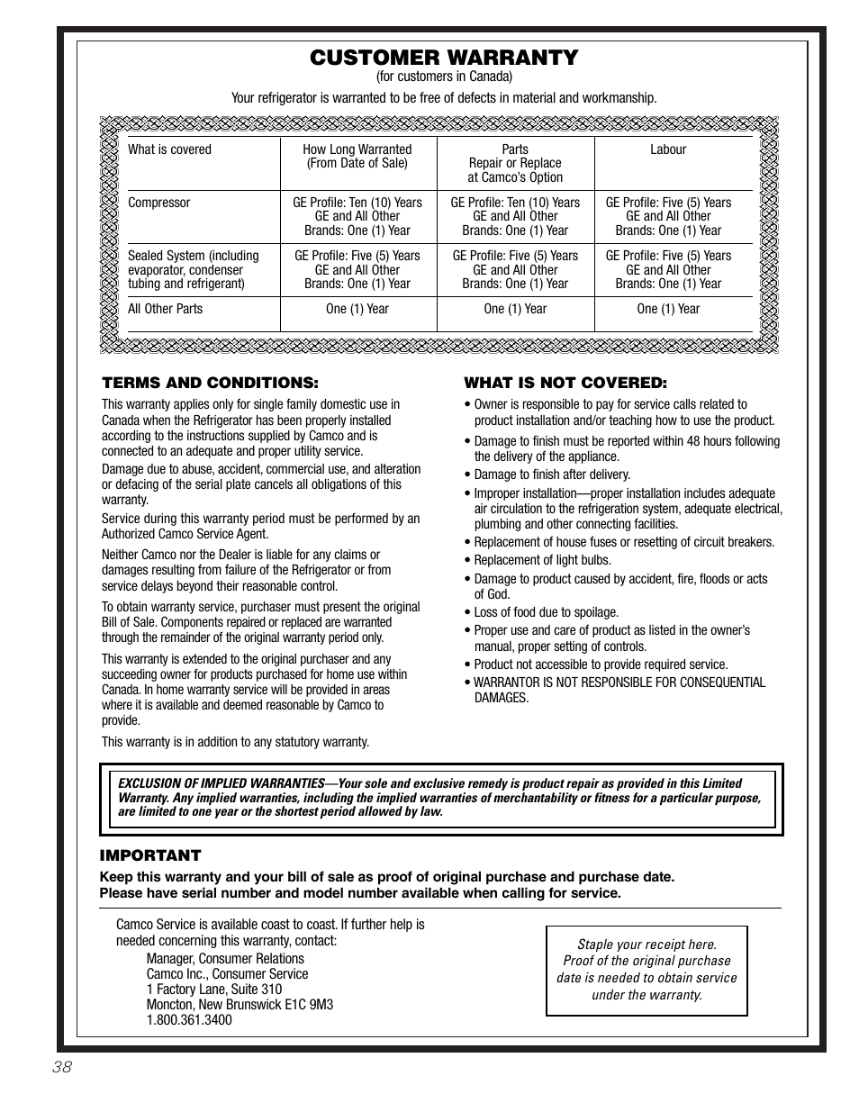 Warranty (canadian), Customer warranty | GE 25 and 27 User Manual | Page 38 / 108