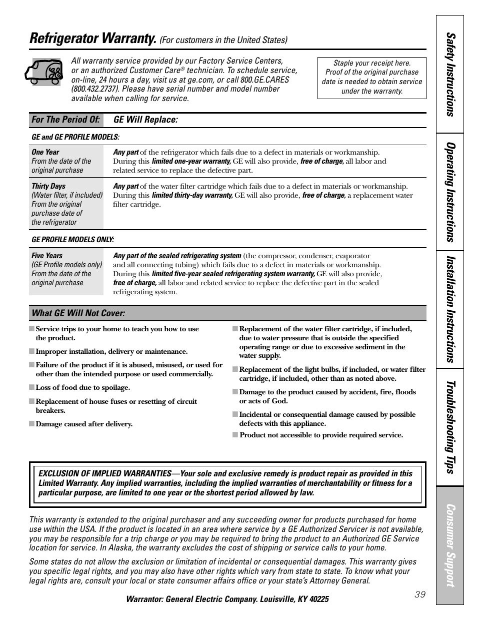 Warranty (u.s.), Refrigerator warranty | GE 25 and 27 User Manual | Page 39 / 108