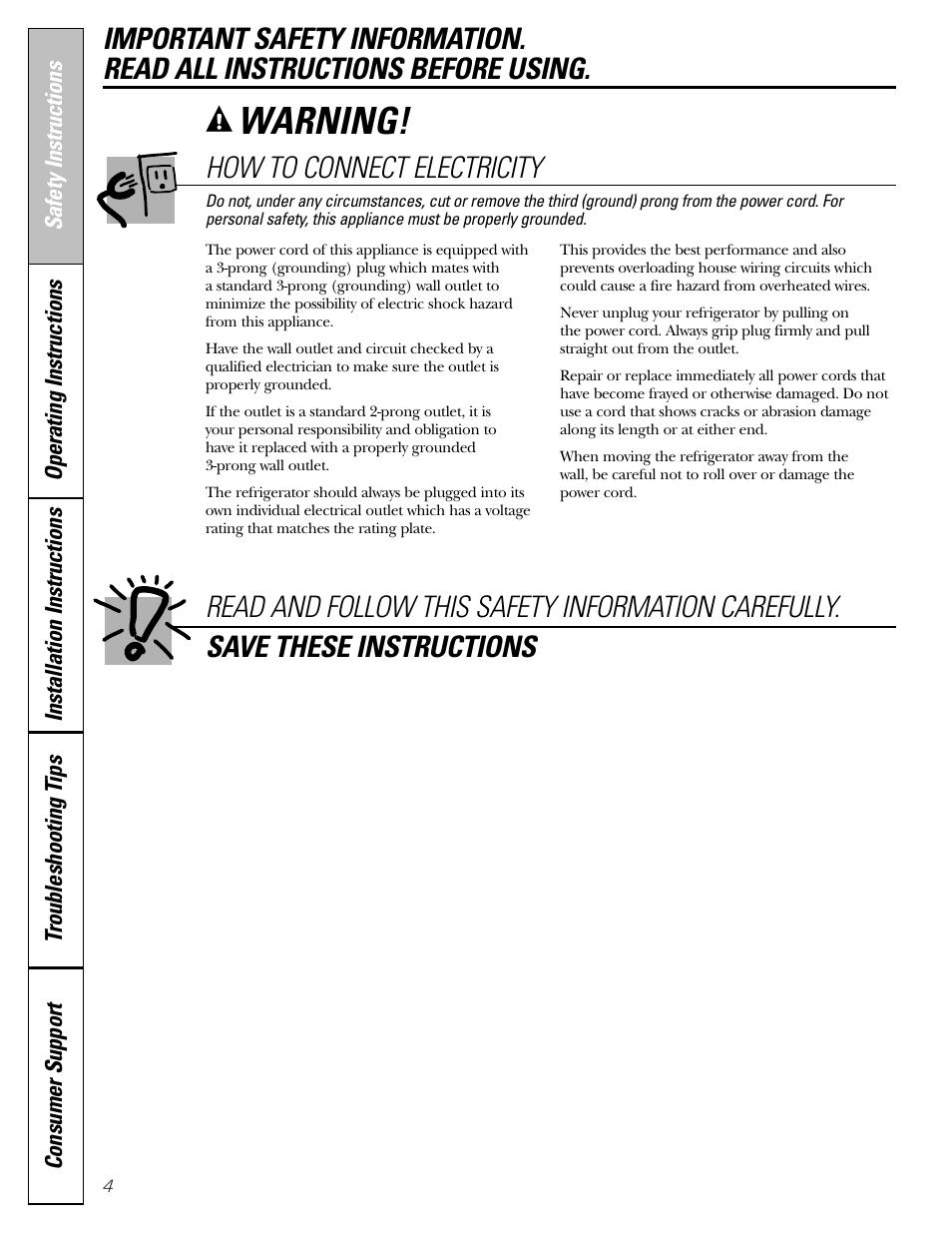 Warning, How to connect electricity | GE 25 and 27 User Manual | Page 4 / 108