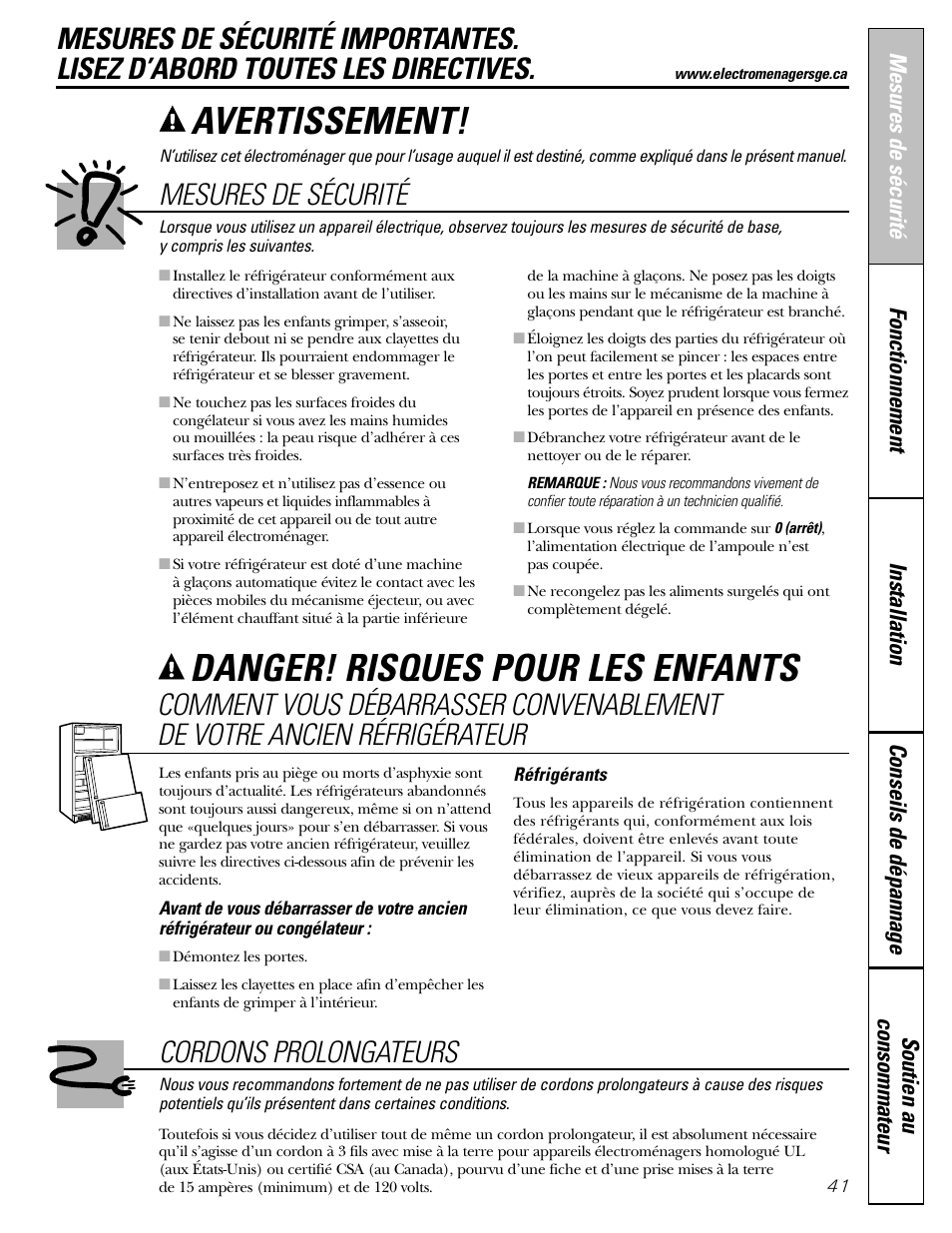 Mesures de sécurité, Avertissement, Danger! risques pour les enfants | Cordons prolongateurs | GE 25 and 27 User Manual | Page 41 / 108