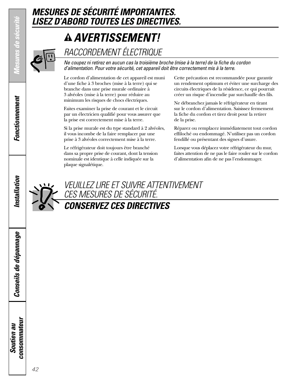 Avertissement, Raccordement électrique | GE 25 and 27 User Manual | Page 42 / 108