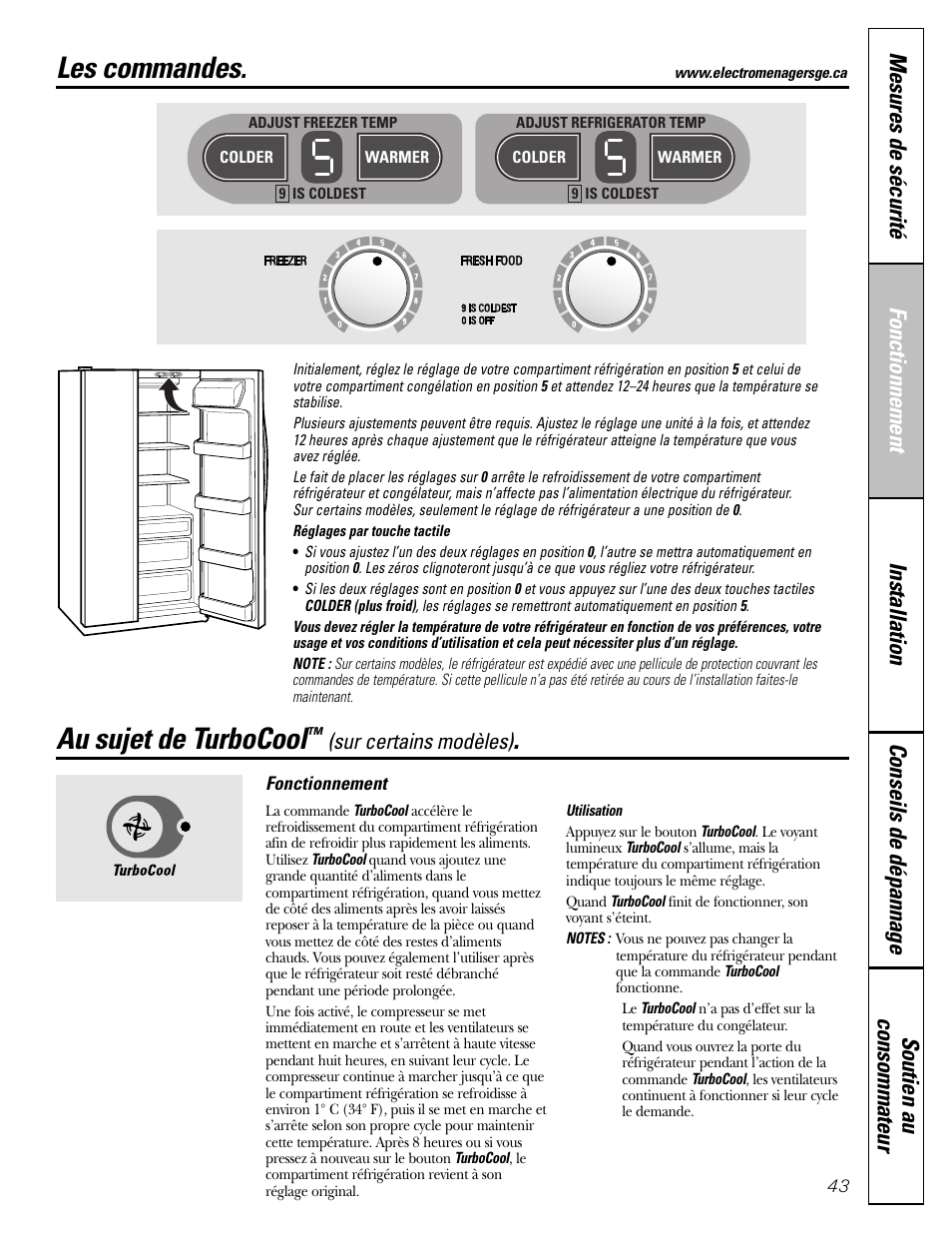 Les commandes, Turbocool, Au sujet de turbocool | GE 25 and 27 User Manual | Page 43 / 108