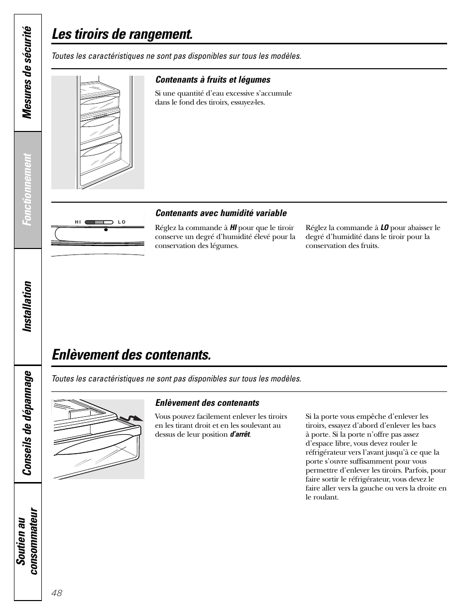 Les tiroirs et contenants à légume, Enlèvement des contenants, Les tiroirs de rangement | GE 25 and 27 User Manual | Page 48 / 108