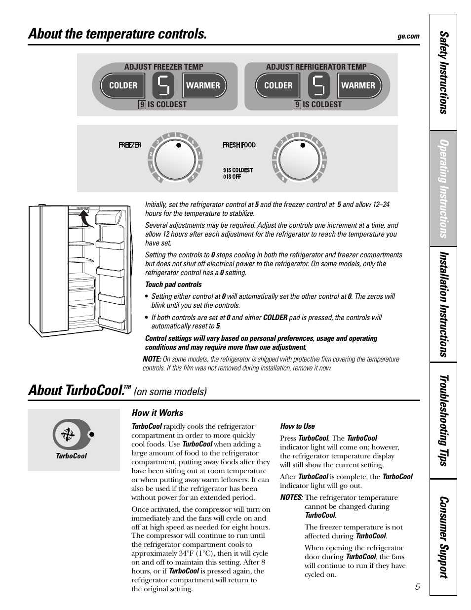 Temperature controls, Turbocool, Temperature controls turbocool | About the temperature controls, About turbocool | GE 25 and 27 User Manual | Page 5 / 108