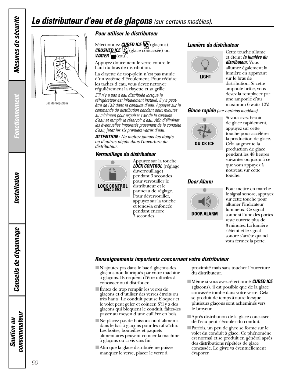 Le distributeur d’eau et de glaçons, Le distributeur d’eau et de glaçons , 51 | GE 25 and 27 User Manual | Page 50 / 108